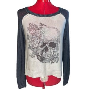 Mudd Skull and Roses Knit Long Sleeve Crewneck Sweater Size Large Punk Goth